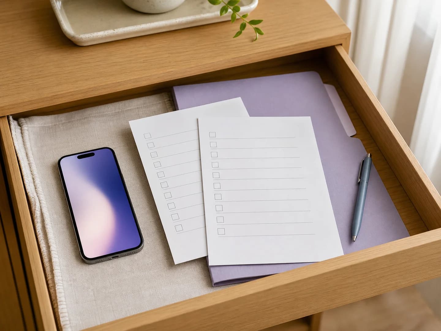 スマホと2枚の整理表をファイルと一緒に保管した様子