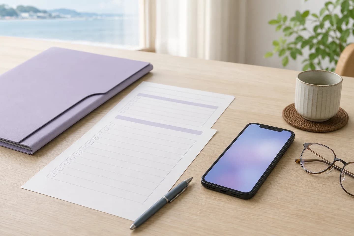 スマホと契約整理シートを並べた明るい机